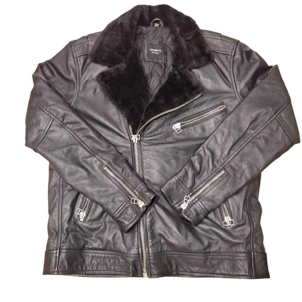 Barneys Originals Sherpa Collar Quilted Lining Black Leather Moto Jacket…
